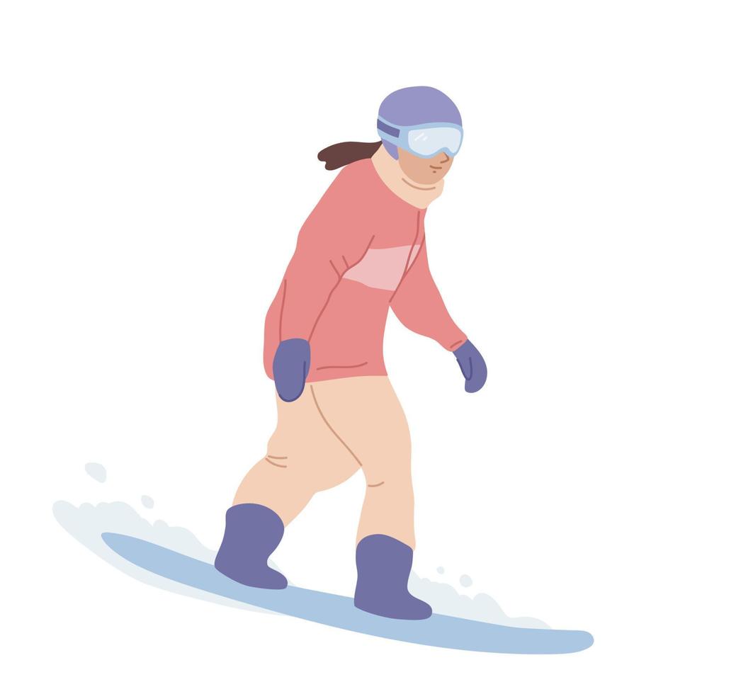 kvinna på de snowboard. åka snowboard flicka. vinter- aktivitet. snowboardåkare isolerat. vinter- sport platt vektor illustration.