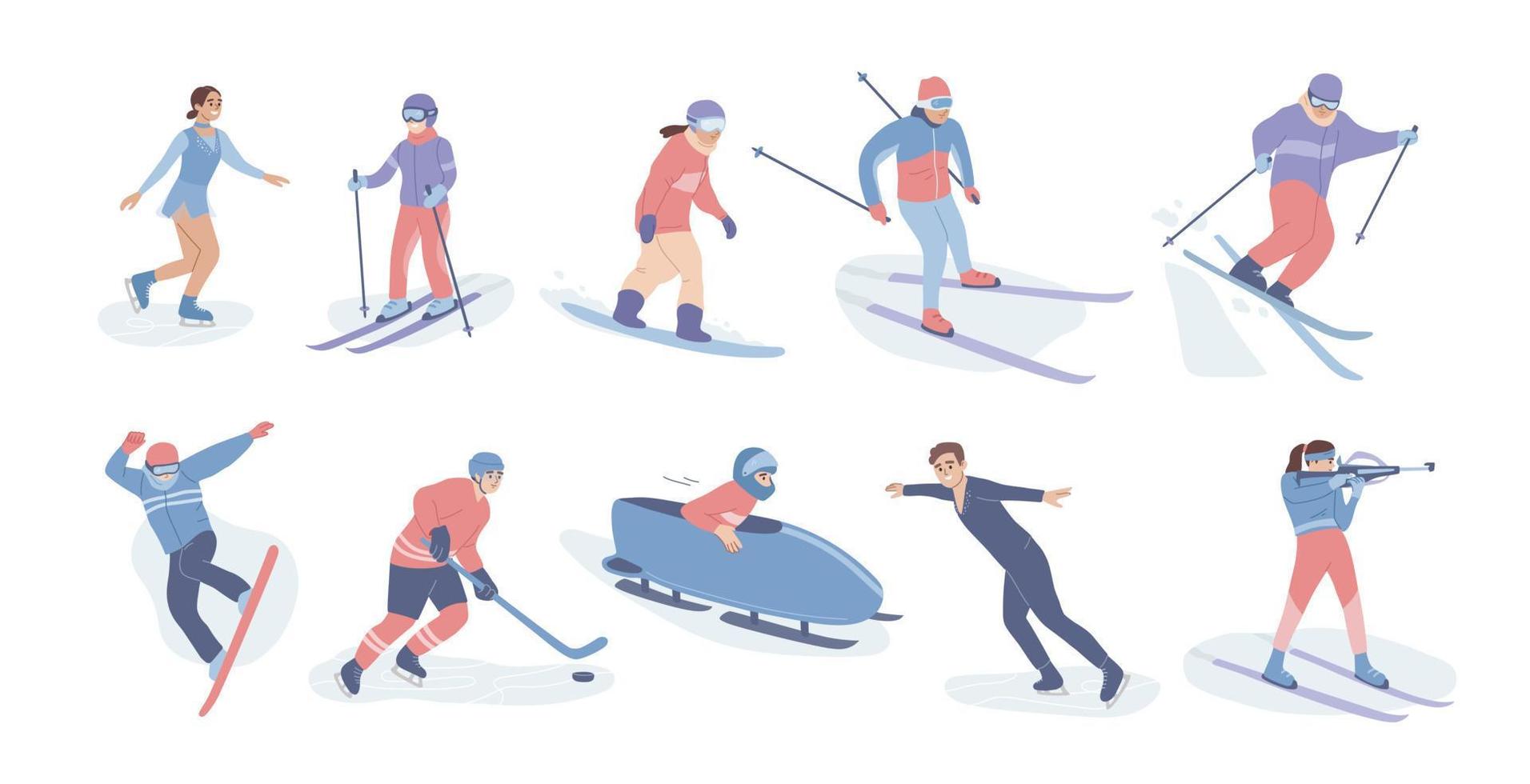 vinter- sport uppsättning. samling av vinter- idrottsmän. vinter- utomhus- aktivitet. skidåkare, is skridskoåkare, skidskytt, snowboardåkare. vinter- sport konkurrens. platt tecknad serie vektor illustration.