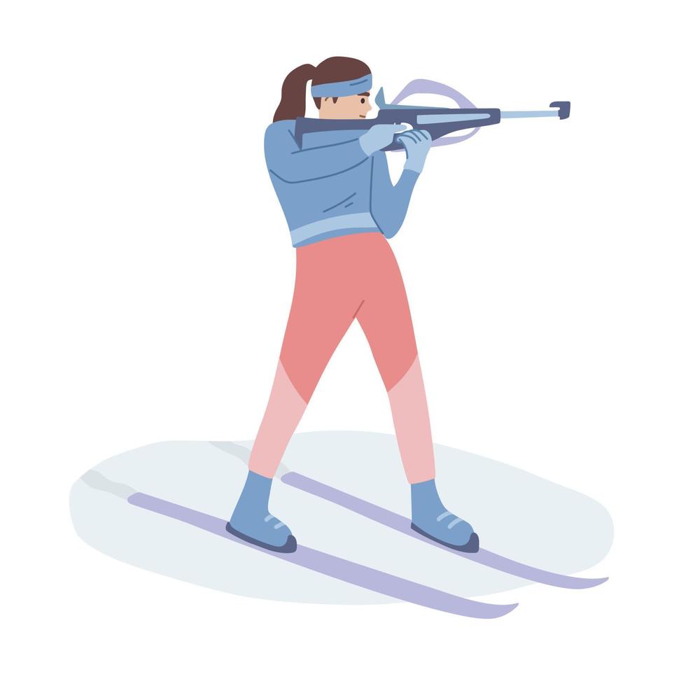 skidskytte konkurrens. skidskytte skytte från de gevär. vinter- sport. skidåkare kvinna. platt vektor illustration.