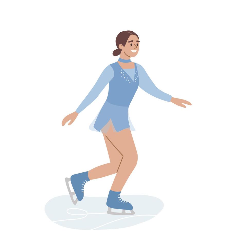 kvinna skridskoåkning på de rink bär en blå kostym. is skater utför på de konkurrens. vinter- sport, aktivitet platt vektor illustration.