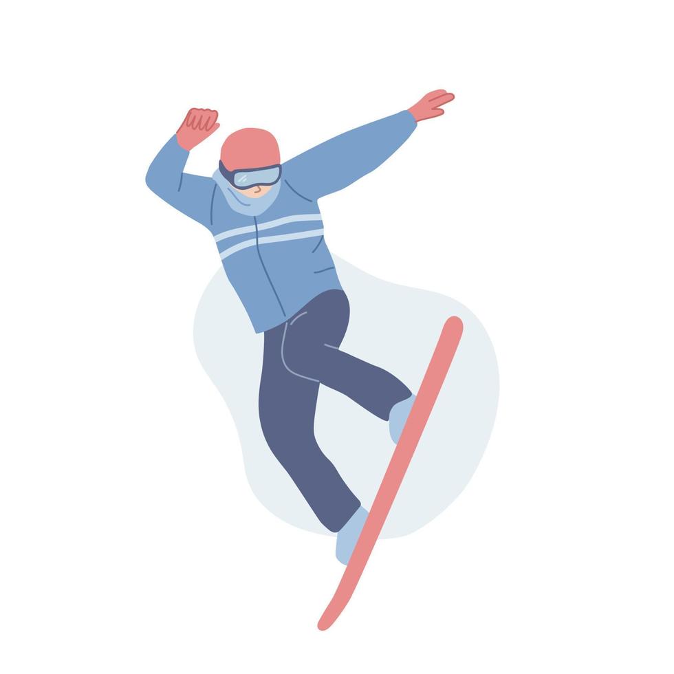 Mann springt auf das Snowboard. Snowboarder. Trick. Winteraktivität. Snowboarder isoliert. flache vektorillustration des wintersports. vektor