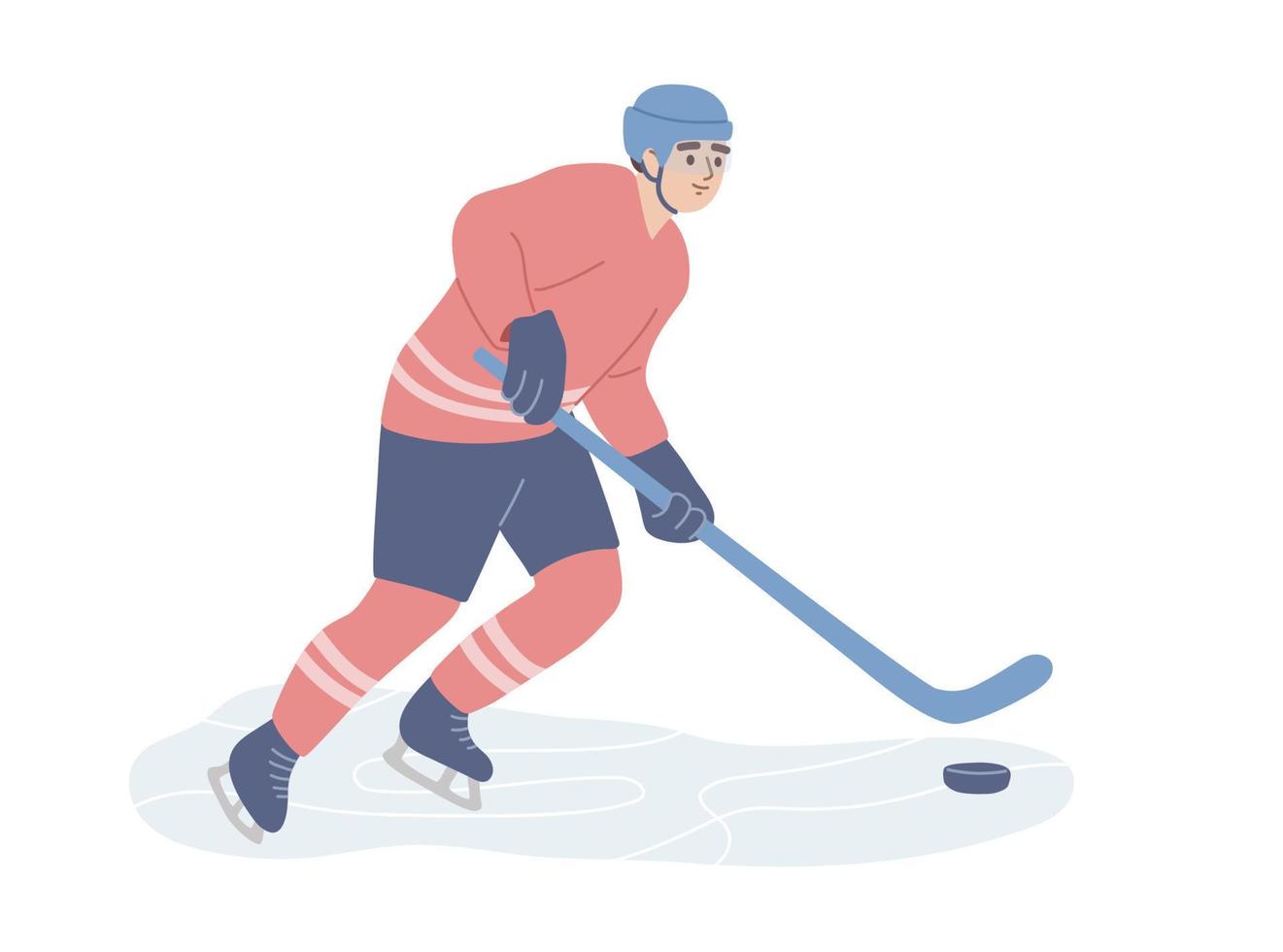 hockey spelare med en pinne och bricka på de rink. man spelar hockey. vinter- sport, aktivitet. sportsman. platt vektor illustration.