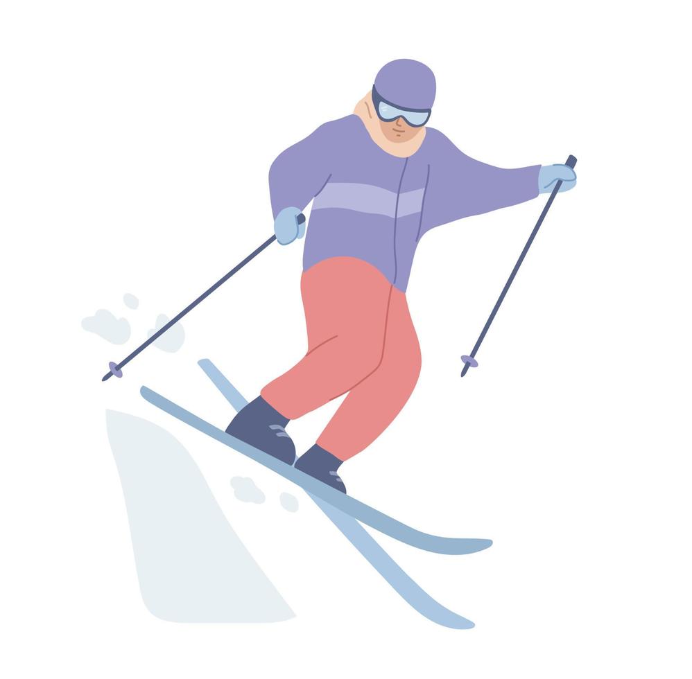 Skifahrer, der auf die Skier springt. Wintersport, Winteraktivität. Sportler. flache vektorillustration. vektor