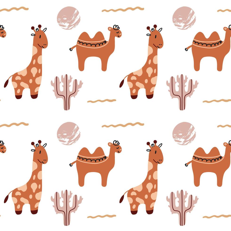 nahtlose Muster Safari Giraffe Kamel. babyparty skandinavische pastelltapete. Textilstoffdesign für Kinder. flaches böhmisches vektorneutrales hintergrundpapier vektor