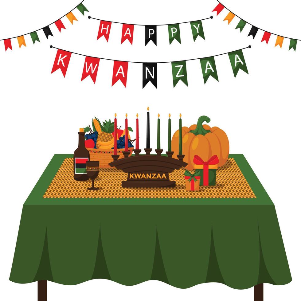 Lycklig kwanzaa. en festlig tabell med en vävd matta, enhet kopp, kinara, gåvor och en frukt korg. fira de afrikansk amerikan Semester av kwanzaa. tecknad serie vektor illustration på en vit bakgrund