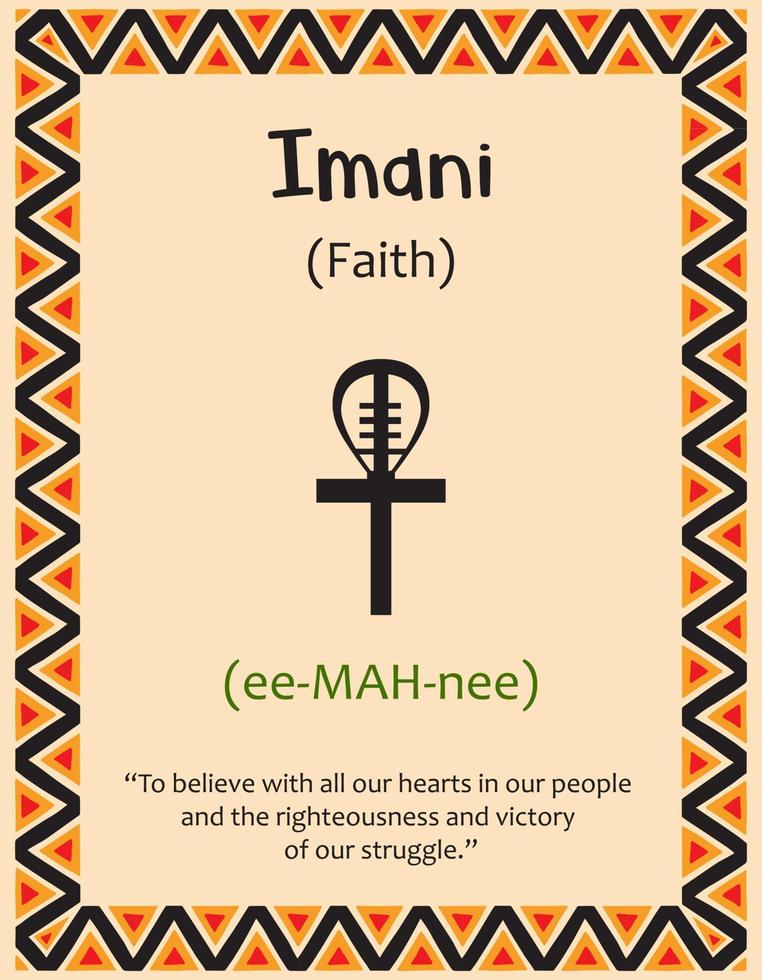en kort med ett av de kwanzaa principer. symbol imani betyder tro i swahili. affisch med tecken och beskrivning. etnisk afrikansk mönster i traditionell färger. vektor illustration