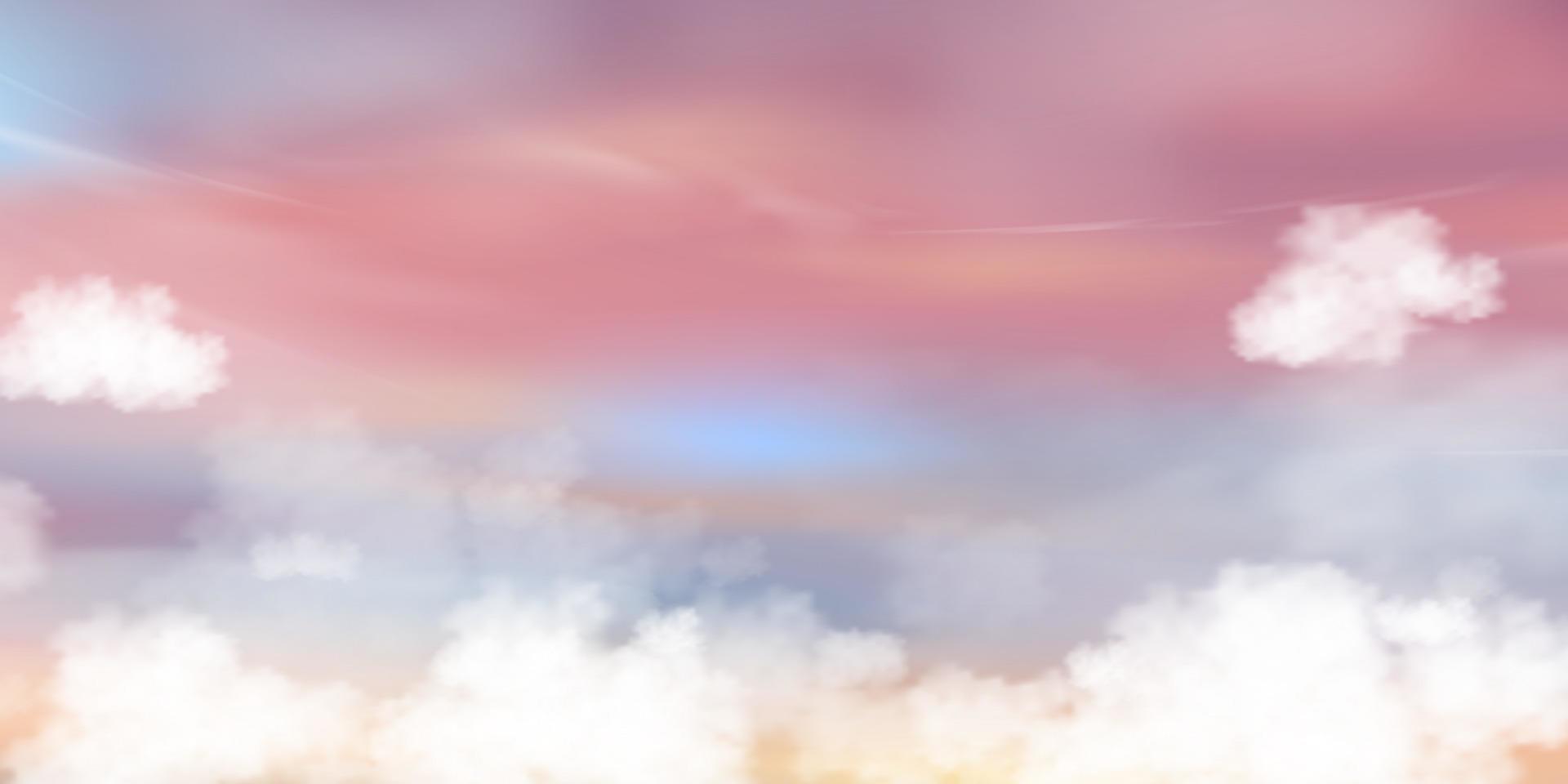 soluppgång himmel med fluffig moln pastell Färg i blå, rosa, gul, orange i morgon, fantasi magisk solnedgång himmel på vår, sommar i kväll, vektor illustration ljuv bakgrund, vacker natur baner