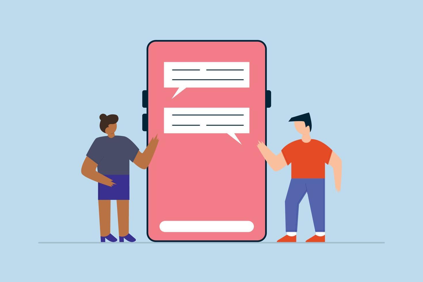 chatt mobil Ansökan för företag, affärsman och affärskvinna kommunicera med mobil app på stor hand innehav smart telefon vektor