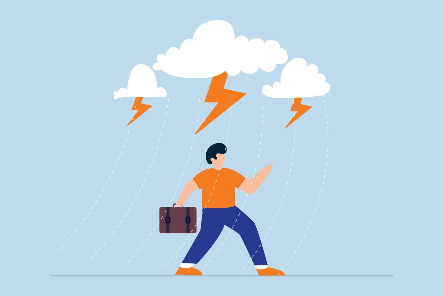 Geschäftsproblem, depressiver Geschäftsmann, der mit bewölktem Gewitter und Regen um sein Gesicht geht vektor