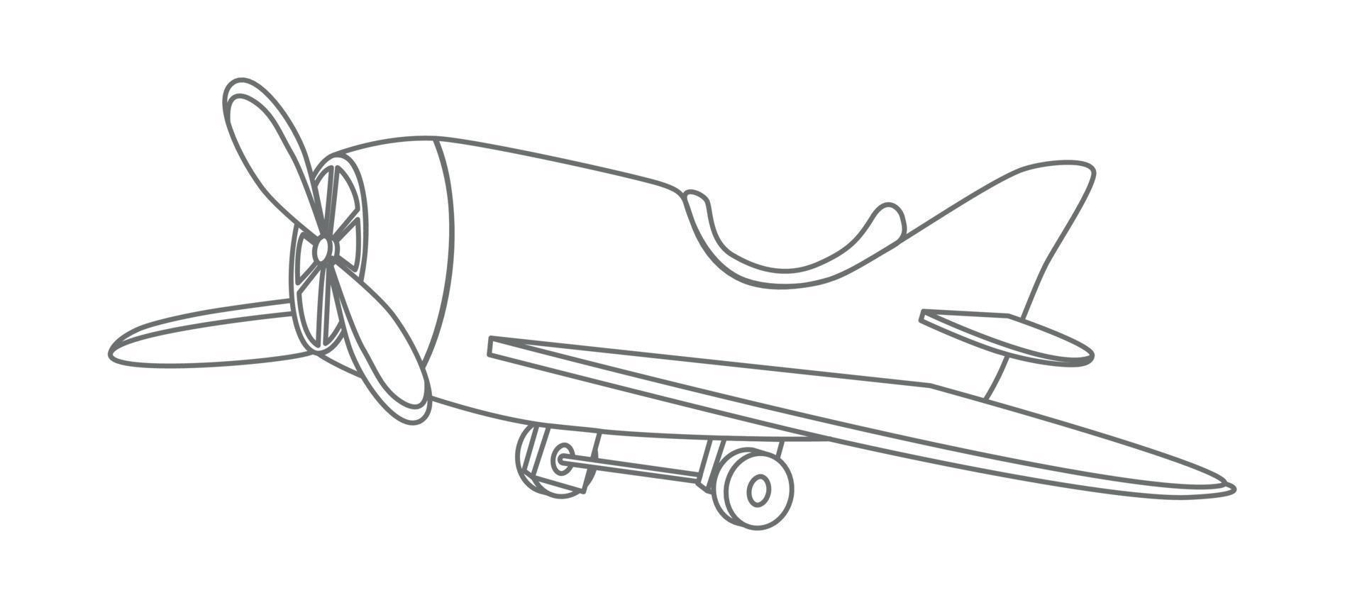 unge leksak söt plan. bebis pojke flygplan i tecknad serie översikt stil. teckning av jet för färg bok eller logotyp. svart linje på isolerat bakgrund. hand dragen silhuett av årgång rolig flygplan. vektor