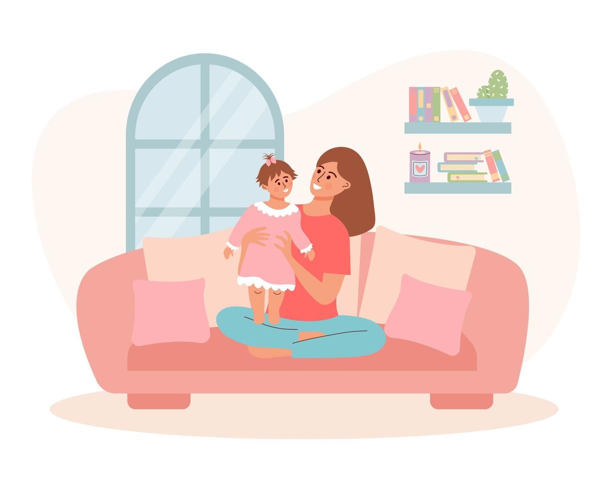 Frau mit Kind auf dem Sofa. mutter, die kleine mädchentochter hält. mutterschaft, mutterschaftsurlaub, babypflege, zeit zu hause verbringen, glückliche familie oder alleinerziehendes mutterkonzept. vektor