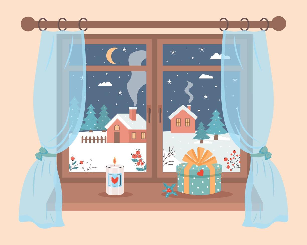 fenster mit winternachtansicht, geschenkbox, kerze und stechpalme auf der schwelle. Winterstimmung, entspannendes, gemütliches Wohnkonzept. vektor