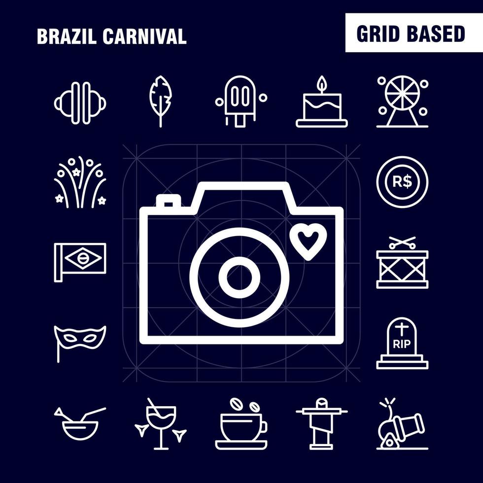 brasilien karneval linie icon pack für designer und entwickler symbole von teetasse kaffee tablette währung münze geld kanone vektor