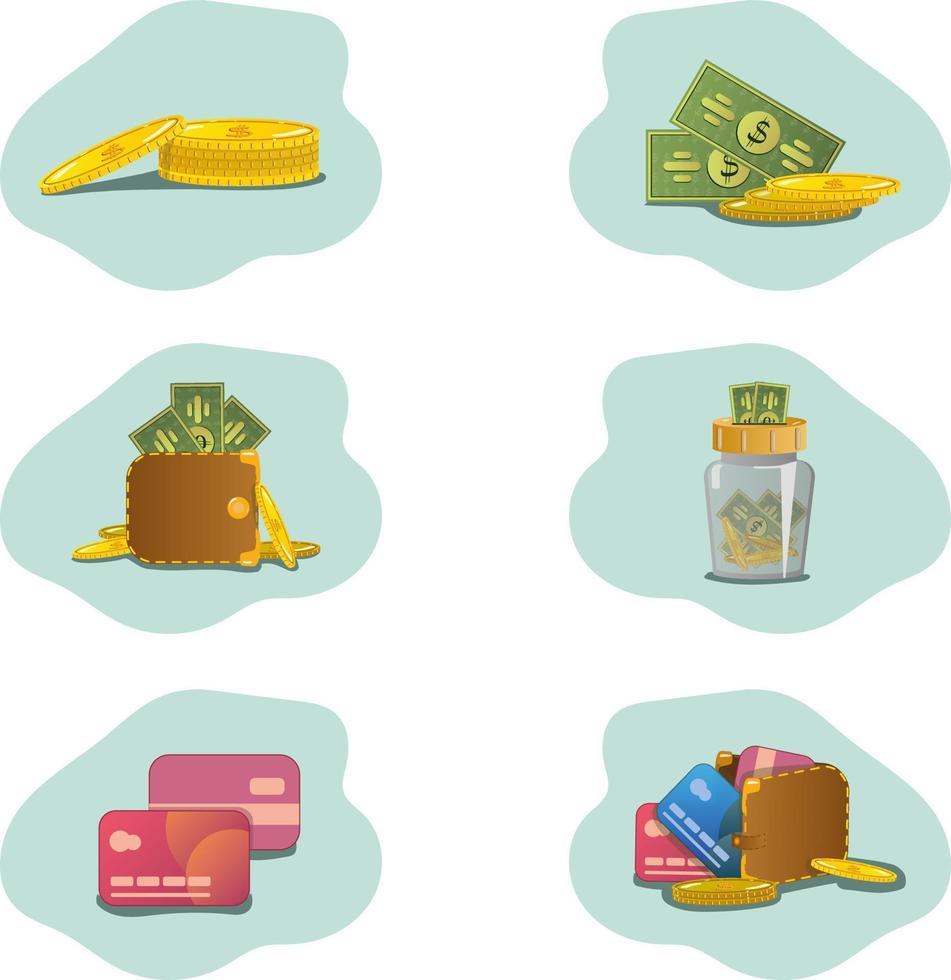 uppsättning av färgad pengar ikoner och guld mynt med plast kort och plånbok på blå bakgrund. vektor, ikoner. vektor