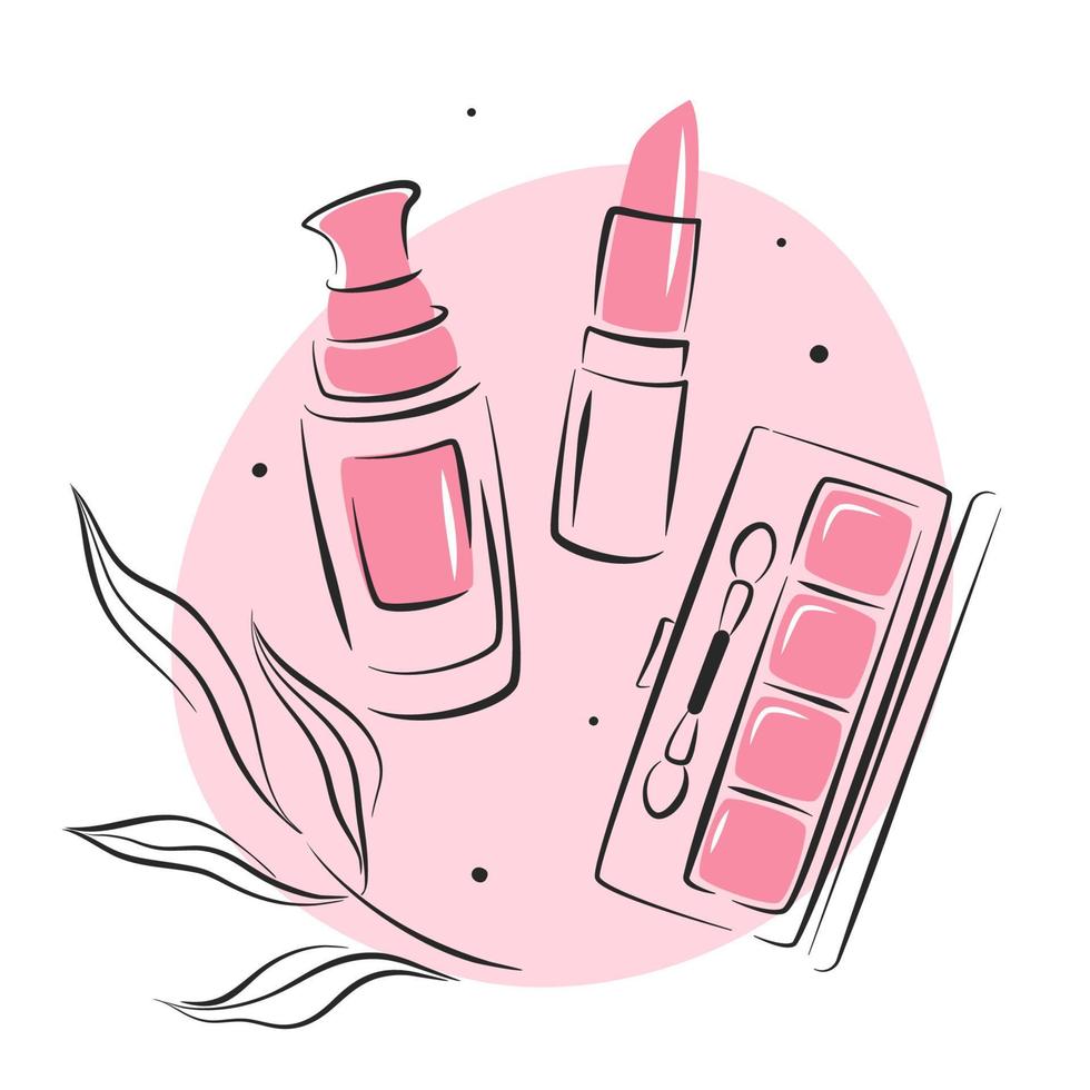 Schönheitssalon-Logo. Make-up-Tools, Kosmetikpinsel, Lippenstift, Rouge, Hautcreme. Vektor-Illustration vektor