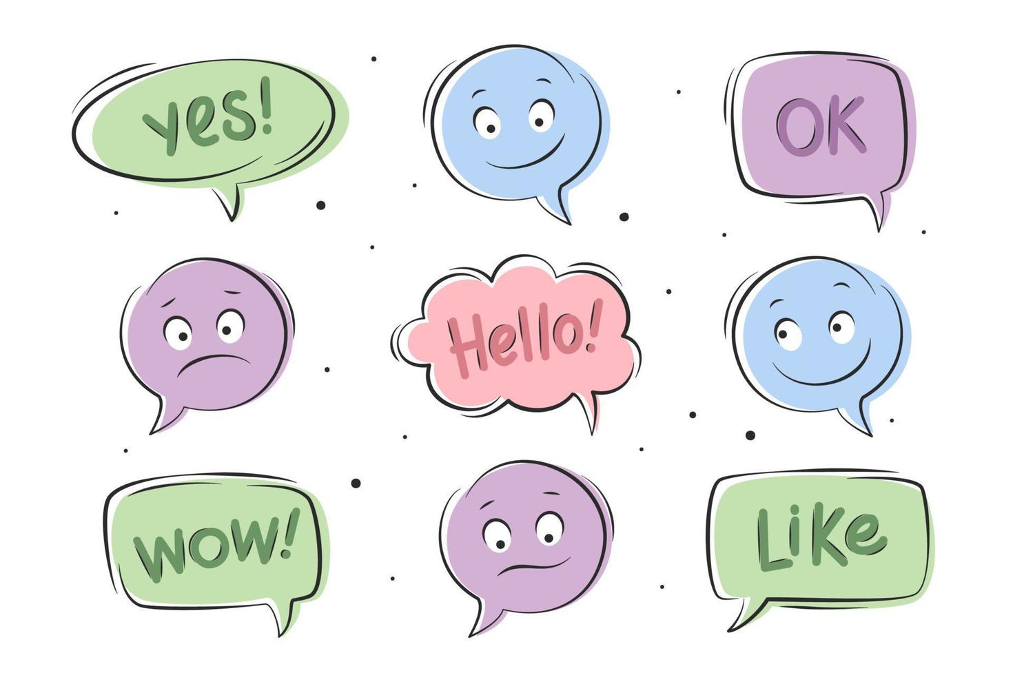 uppsättning av Tal bubblor med annorlunda ord och smileys för chatt, meddelande element. vektor illustration