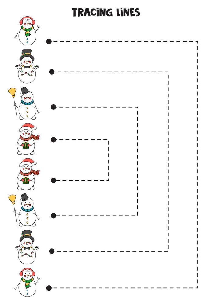 Verfolgen von Linien für Kinder. süße Schneemänner. vektor