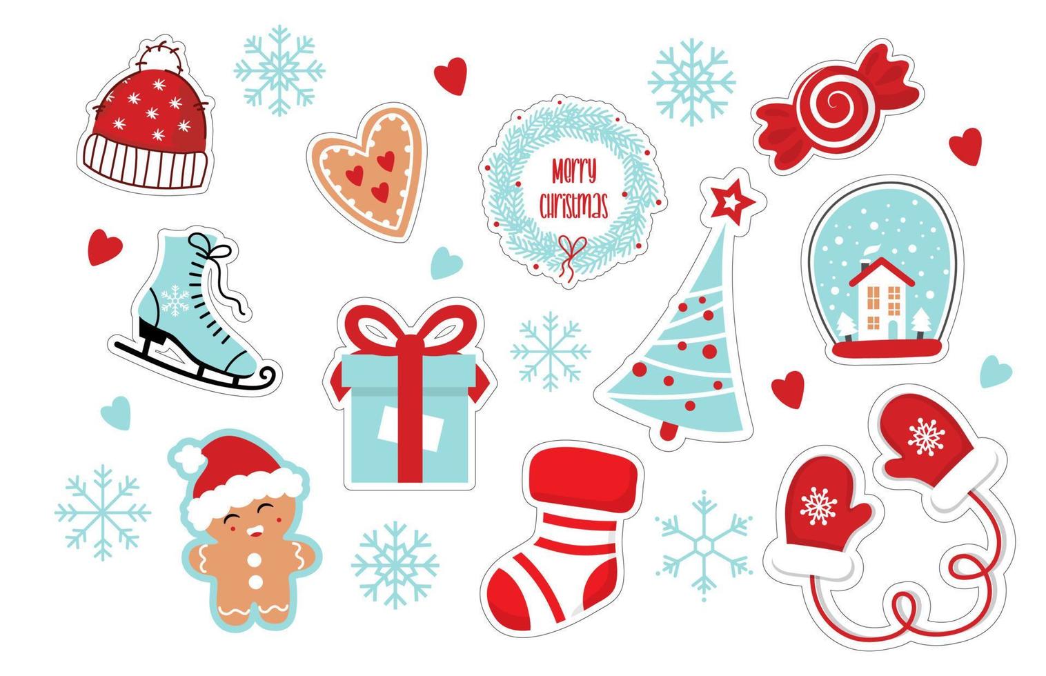 samling av jul dekorationer, Semester gåvor, vinter- stickat ull- kläder, pepparkaka, träd och gåvor. färgrik vektor illustration i platt tecknad serie stil