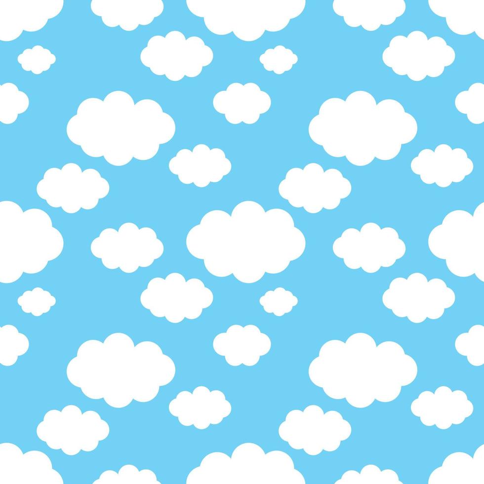 Nahtloser blauer Himmel mit weißen, flauschigen Wolken. Textur oder Wiederholungsmuster für Packpapier oder Dekoration. Tapeten oder Banner. süßer Hintergrund. Kinderstoff. flaches Design. Cartoon-Vektorillustration. vektor