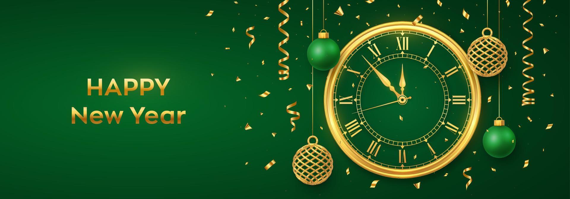 frohes neues jahr 2023. golden glänzende uhr mit römischer ziffer und countdown mitternacht, vorabend für neujahr. Hintergrund mit glänzenden goldenen und grünen Kugeln. Fröhliche Weihnachten. Weihnachtsferien. Vektor-Illustration. vektor