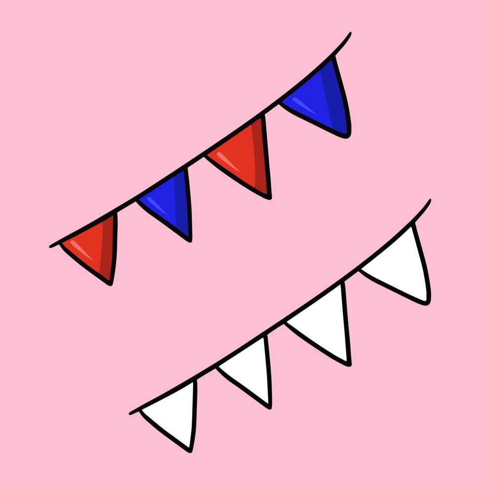eine Reihe von Bildern, helle dreieckige Flaggen, rote und blaue Flaggen, Vektorillustration im Cartoon-Stil auf farbigem Hintergrund vektor