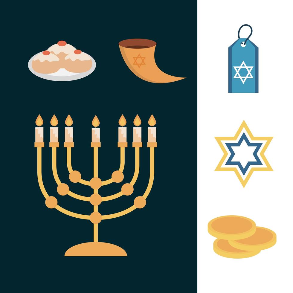 hanukkah, judisk traditionell ceremoni platt ikonuppsättning vektor