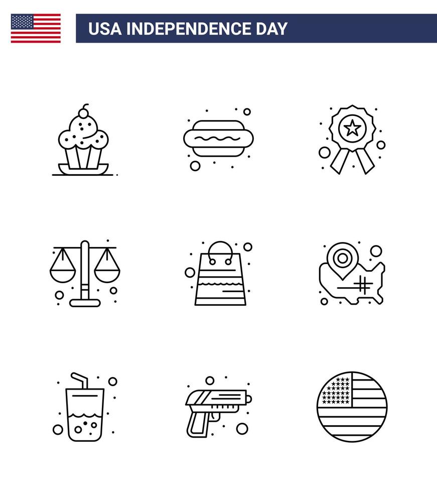 Lycklig oberoende dag 9 rader ikon packa för webb och skriva ut väska lag varm jag rättvisa tecken redigerbar USA dag vektor design element