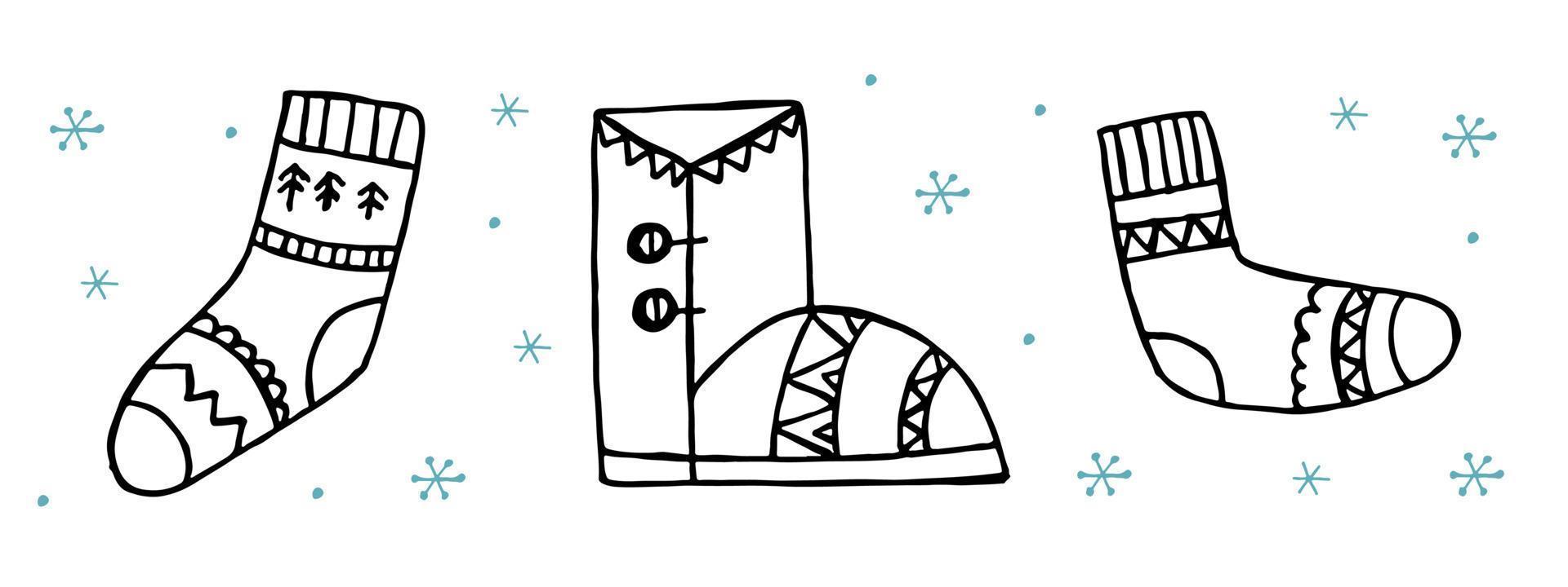 eine Reihe handgezeichneter Winterkleidung. Vektorillustration im Doodle-Stil. Winterstimmung. hallo 2023. frohe weihnachten und ein gutes neues jahr. schwarze und blaue Socken und Stiefel auf weißem Hintergrund. vektor