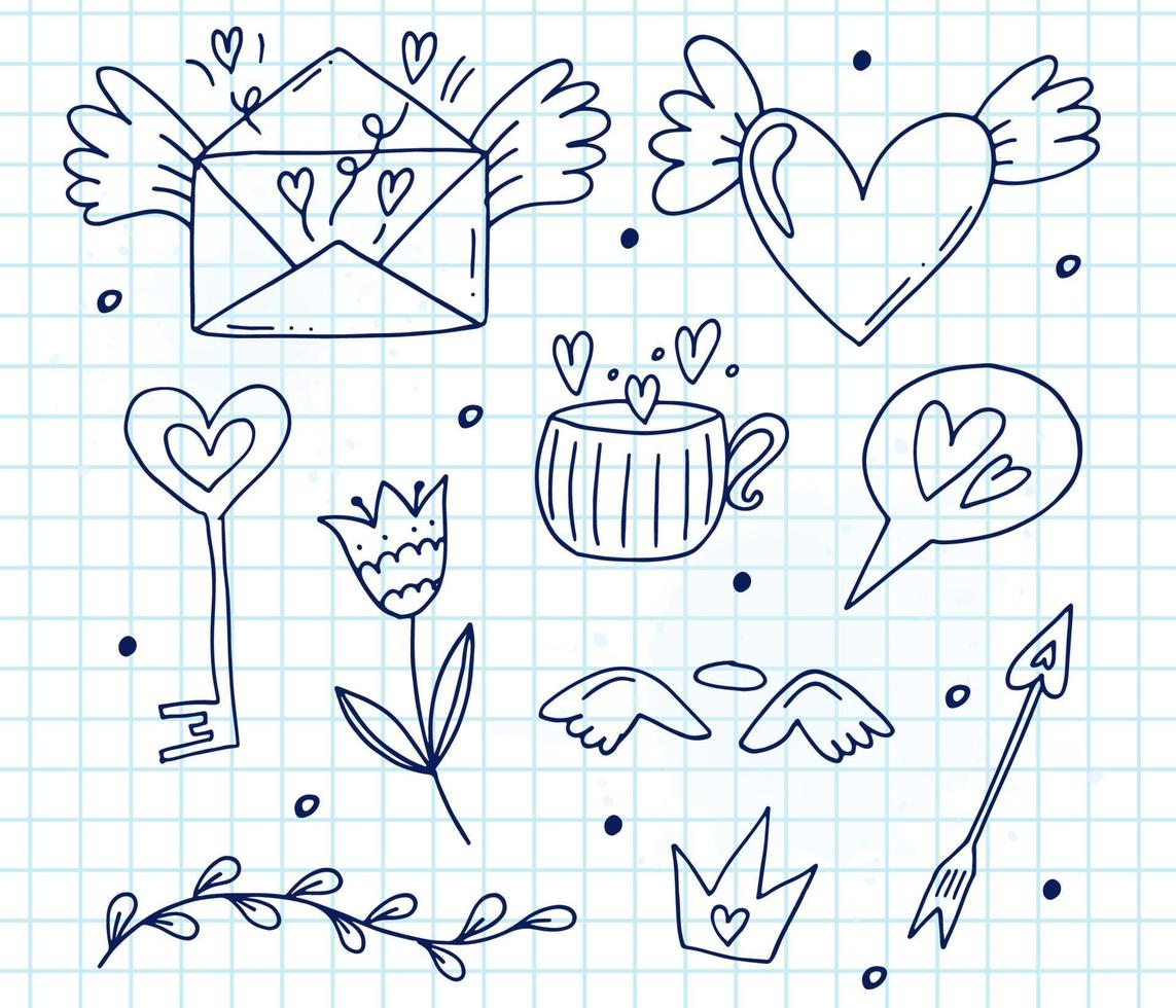 stor uppsättning av söt ritad för hand klotter element handla om kärlek. meddelande klistermärken för appar. ikoner för valentines dag, romantisk evenemang och bröllop. en rutig anteckningsbok. vektor
