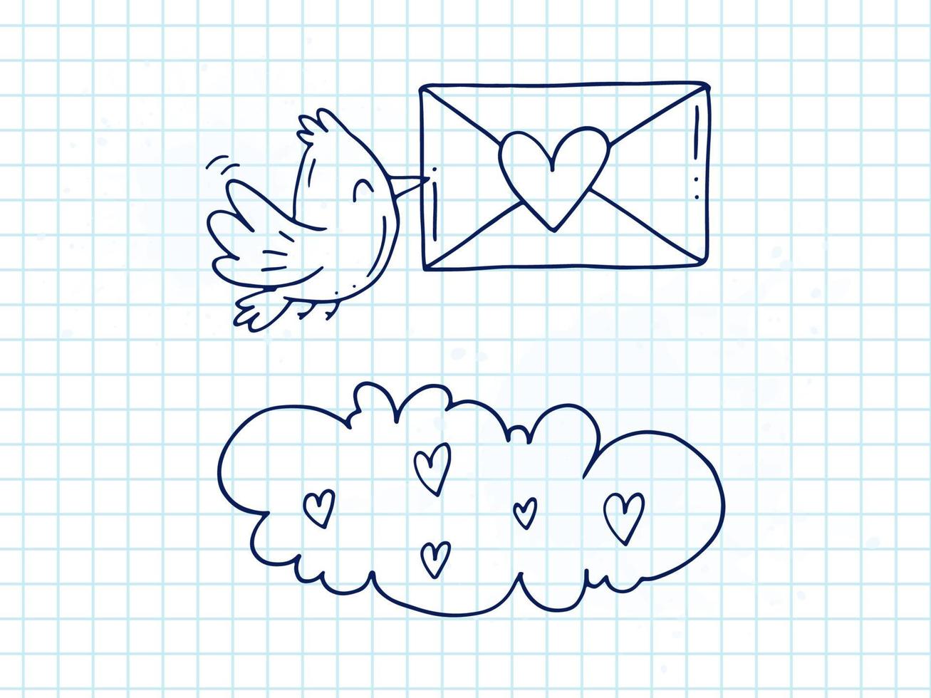 uppsättning av söt ritad för hand klotter element handla om kärlek. meddelande klistermärken för appar. ikoner för valentines dag, romantisk evenemang och bröllop. rutig anteckningsbok. en fågel med kuvert och kärlek brev i moln. vektor