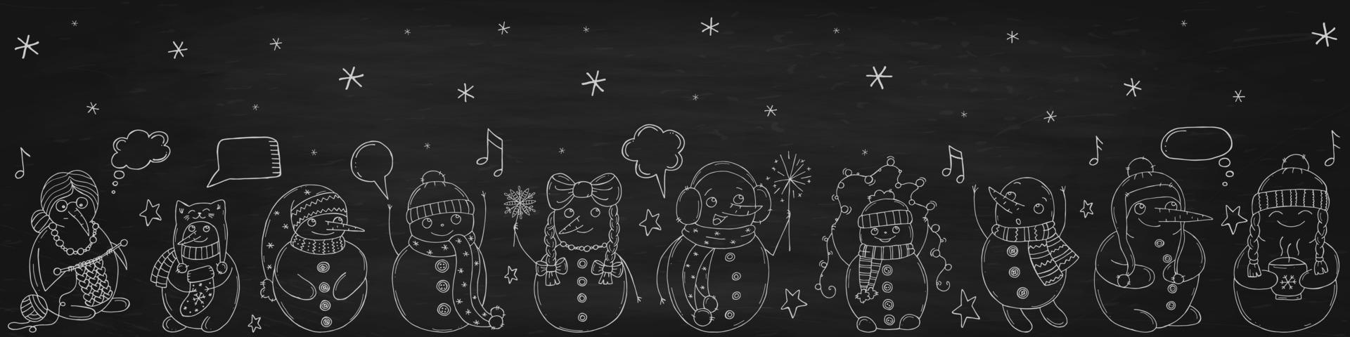 satz niedlicher schneemänner auf einer schwarzen kreidetafel. Vektorillustration im Doodle-Stil. Winterstimmung. hallo 2023. frohe weihnachten und ein gutes neues jahr. vektor