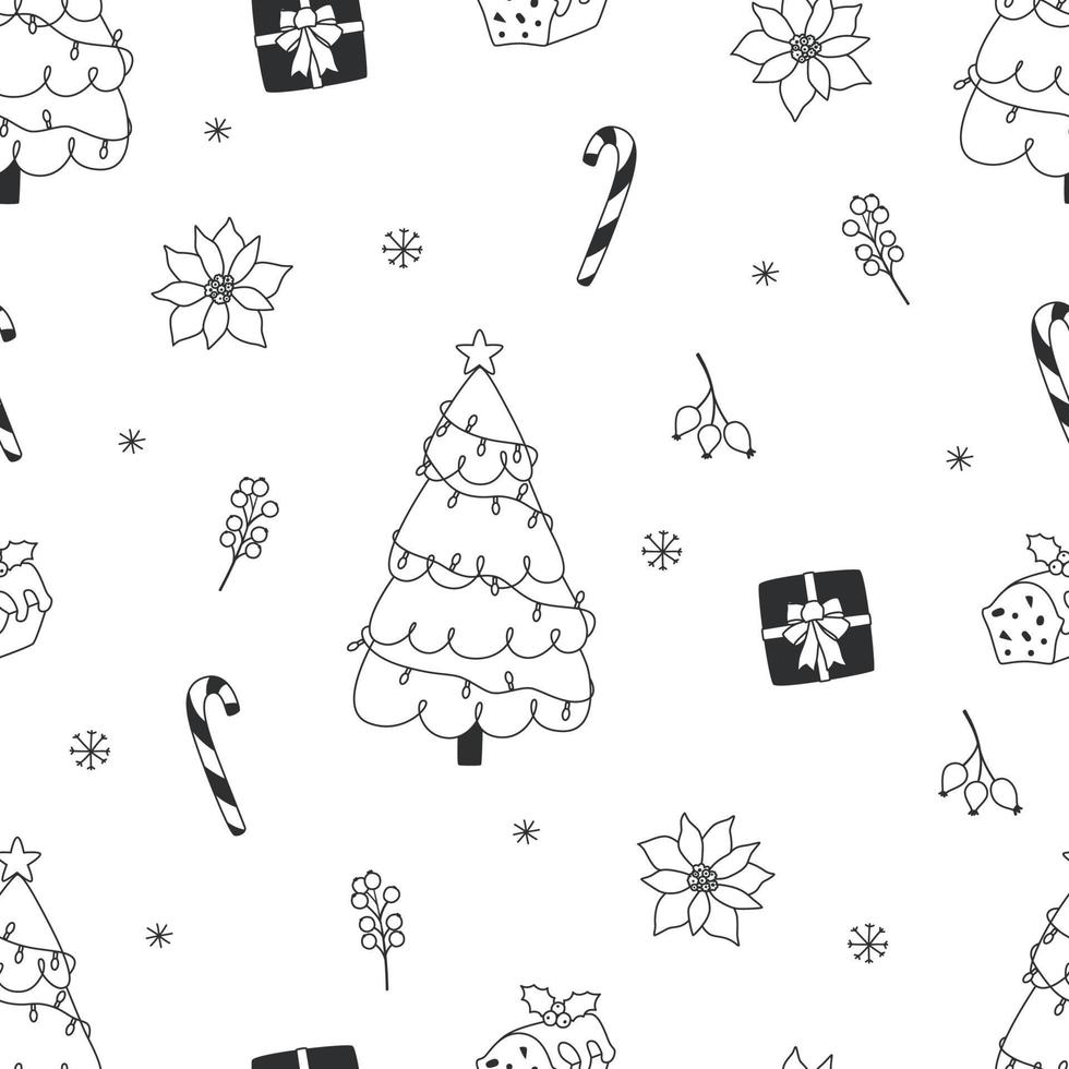 Nahtloses Weihnachtsmuster im Doodle-Stil. sich wiederholender hintergrund für weihnachtsdesign, weihnachtsbaum, weihnachtsstern, stechpalme, weihnachtskuchen und andere. schwarz-weiß handgezeichnete illustration, vektor. vektor