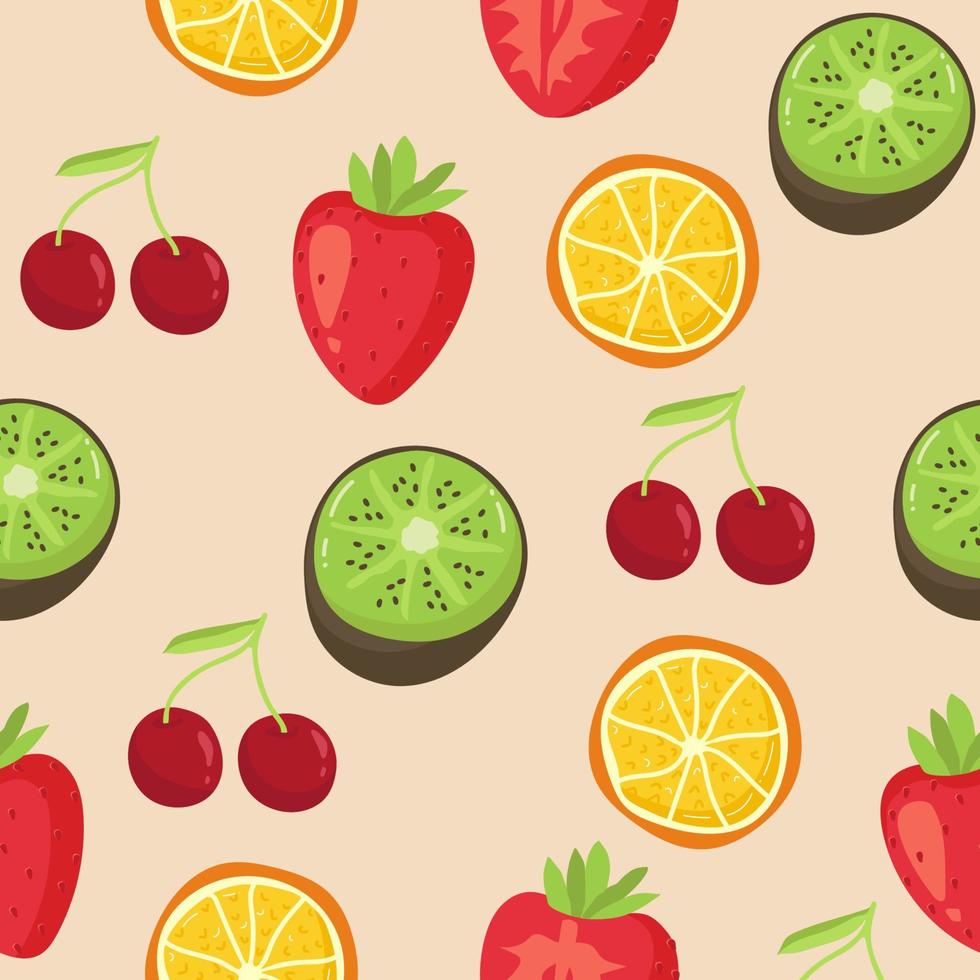 sömlös bakgrund med olika tropisk frukt på vit. vektor frukt mönster. citron, jordgubbe, kiwi, orange