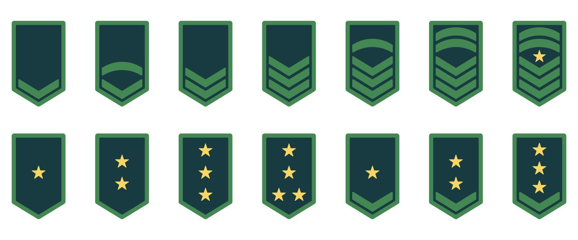 Armee-Rang-Symbol. Militärabzeichen grünes Symbol. Chevron gelbes Stern- und Streifenlogo. Soldat Sergeant, Major, Offizier, General, Leutnant, Oberst Emblem. isolierte Vektorillustration. vektor