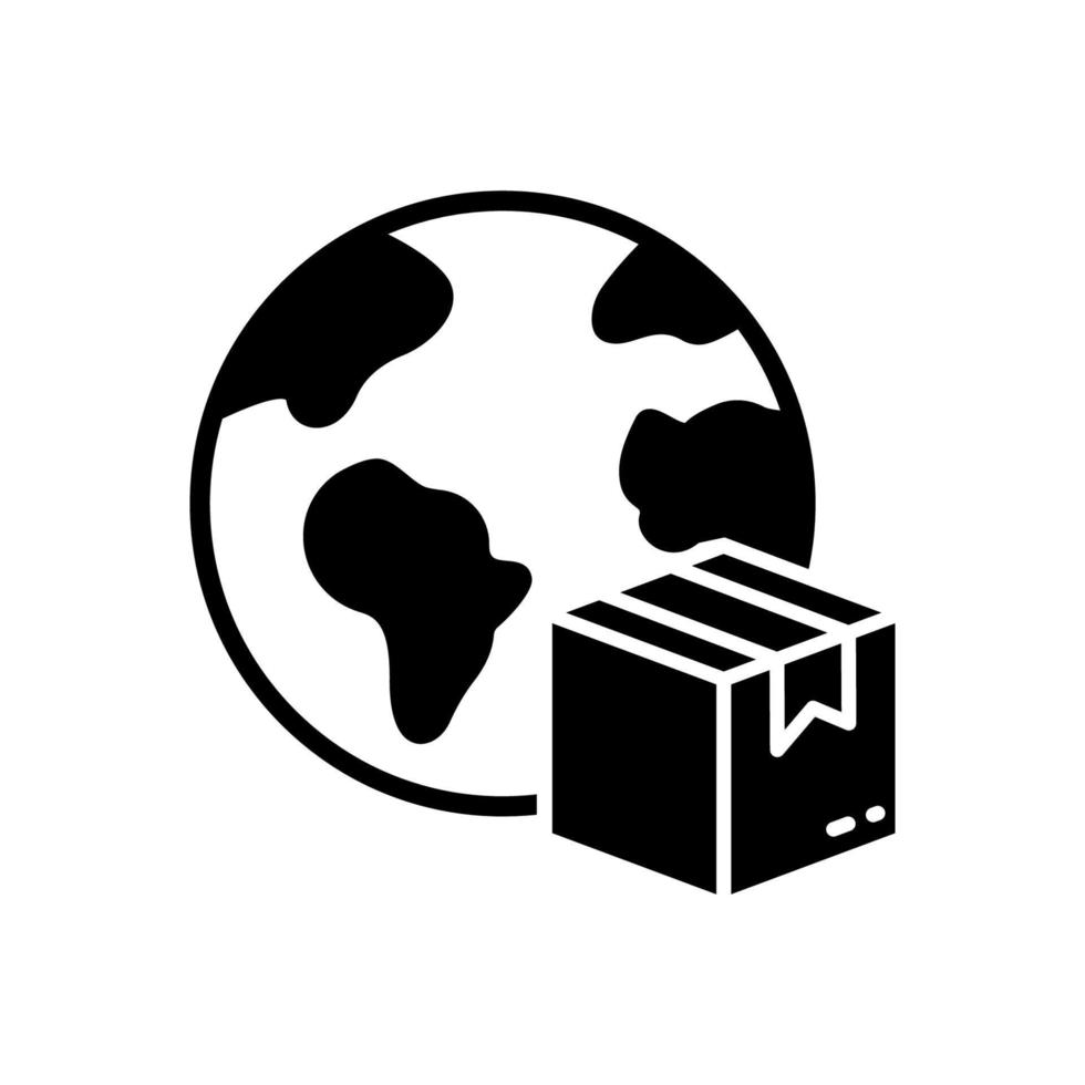 klot och paket låda internationell leverans silhuett ikon. över hela världen global frakt detaljhandeln industri glyf piktogram. importera, exportera paket på jord planet ikon. isolerat vektor illustration.