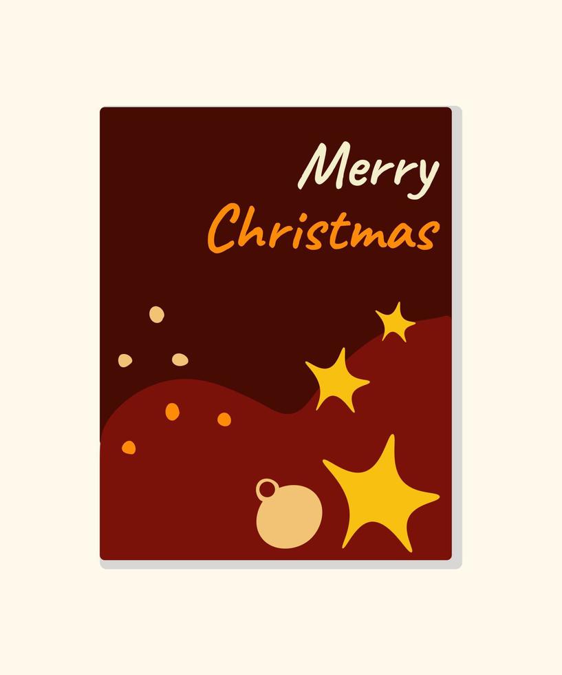 glad jul kort. gul, orange och mörk röd färger. jul text, boll, dote och stjärnor. vektor illustration.