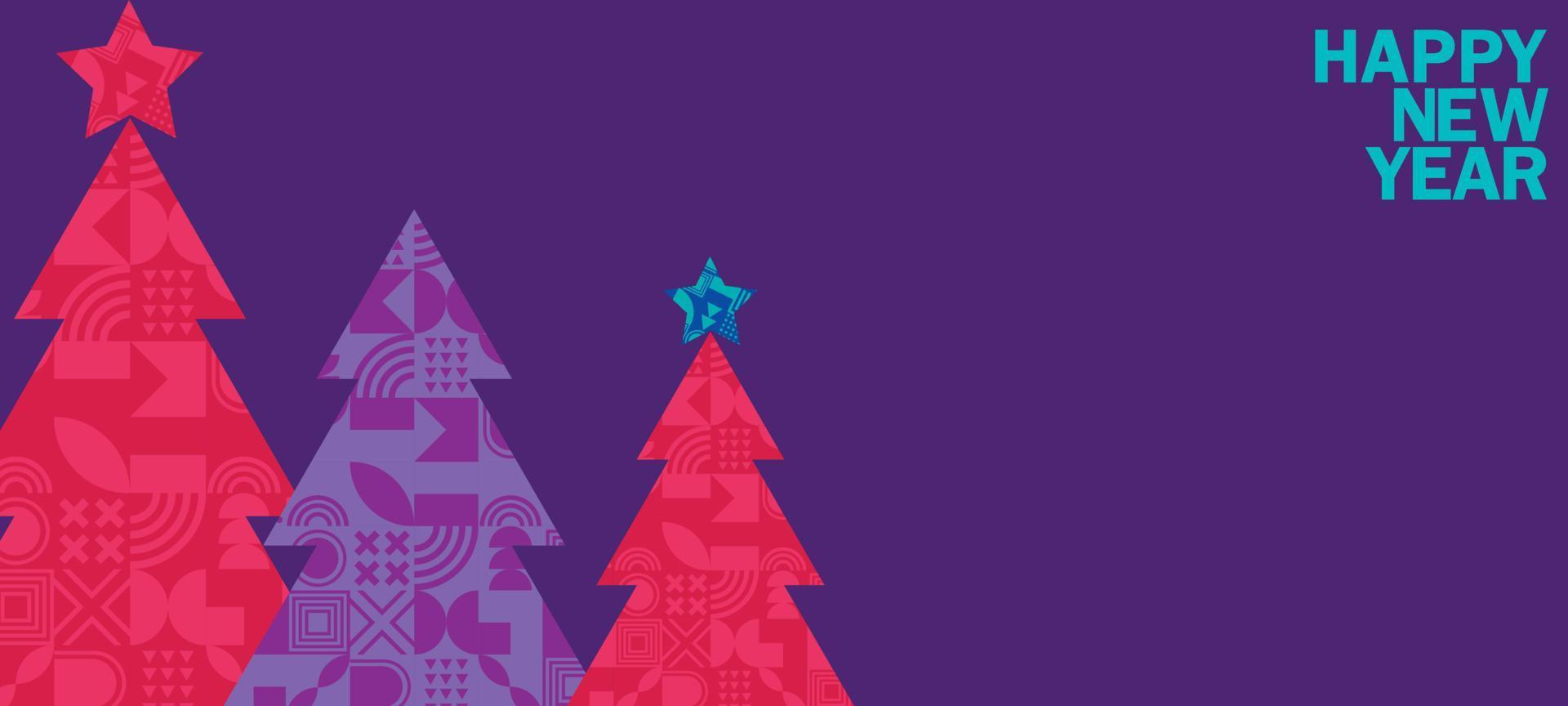 frohe weihnachten und guten rutsch ins neue jahr banner. trendiges modernes weihnachtsdesign mit abstrakten geometrischen elementen, weihnachtsbaum, schneeflocke, hase, kaninchen. horizontales plakat, grußkarte, verkaufsbanner-website vektor