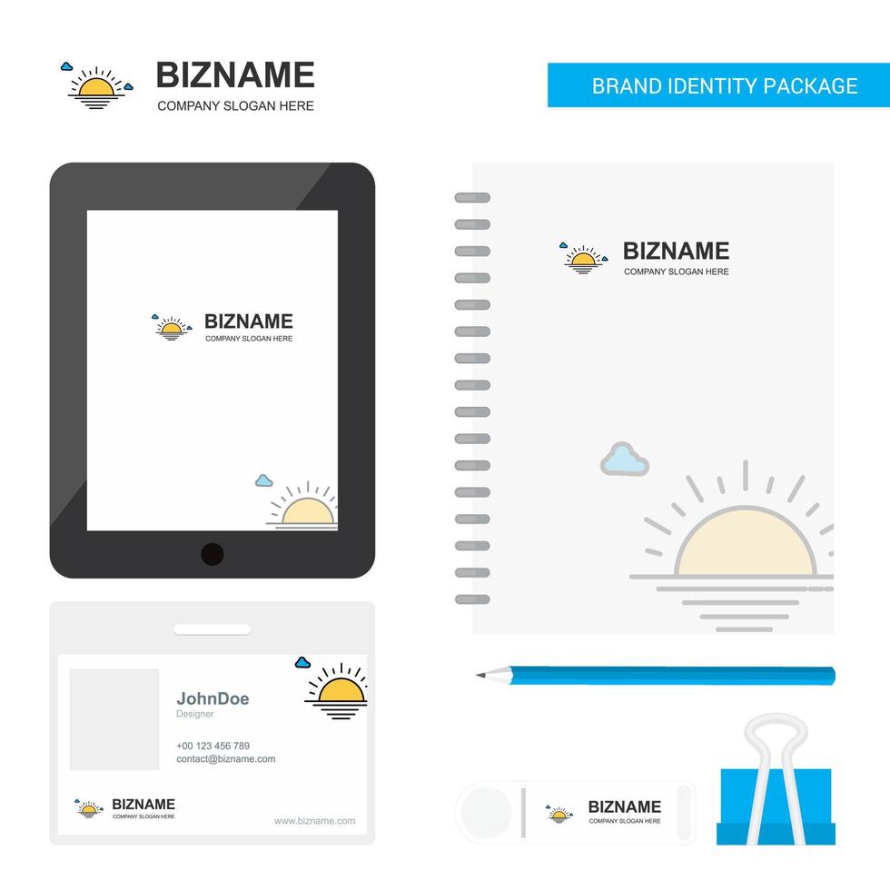 Sunset Business Logo Tab App Tagebuch PVC Mitarbeiterkarte und stationäre Verpackungsdesign-Vektorvorlage für USB-Marken vektor