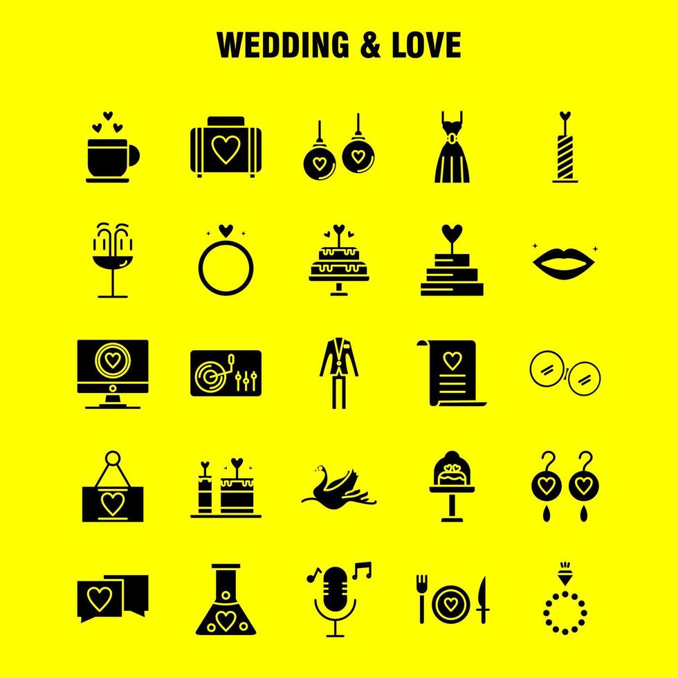 feste Glyphensymbole für Hochzeit und Liebe, die für Infografiken, mobiles Uxui-Kit und Druckdesign festgelegt wurden, umfassen Tasse Tee, Liebe, Hochzeit, Herz, Kerzenlicht, Liebessymbol-Set-Vektor vektor