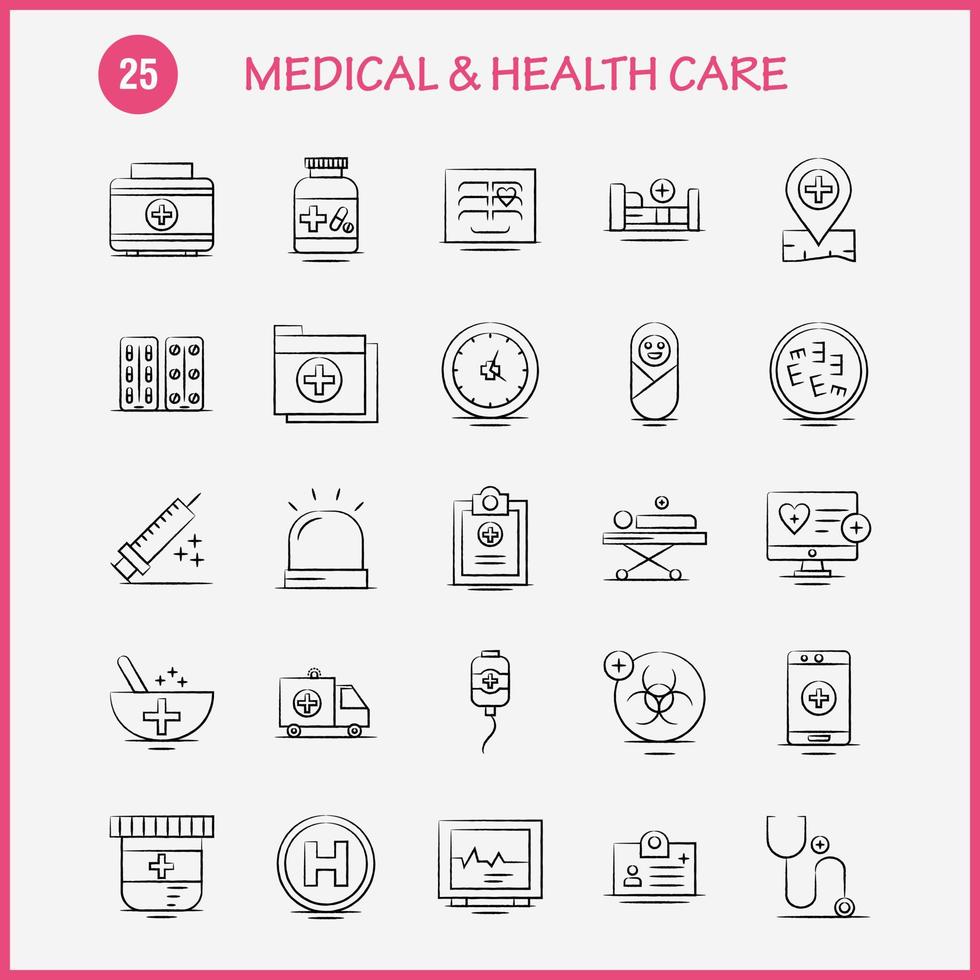 Handgezeichnetes Symbol für Medizin und Gesundheitswesen für Webdruck und mobiles Uxui-Kit wie Herzpflege medizinische medizinische Medizin Krankenhaustabletten medizinischer Piktogrammpaketvektor vektor