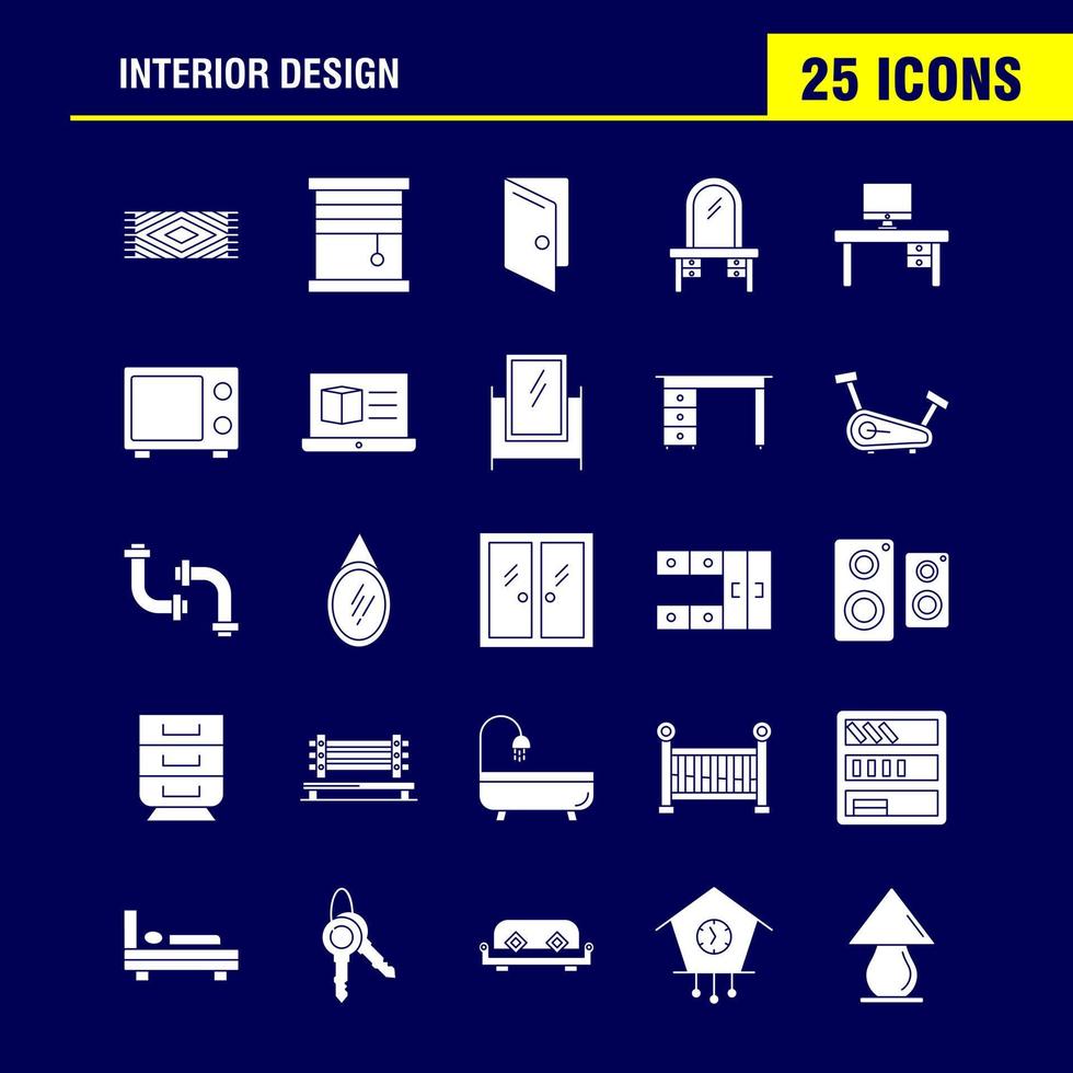 Solide Glyphen-Symbole für die Innenarchitektur, die für Infografiken, mobiles Uxui-Kit und Druckdesign festgelegt wurden, umfassen Teppichmöbel, Haushalt, Fenster, Haus, Tür, Eingang, Eps 10, Vektor