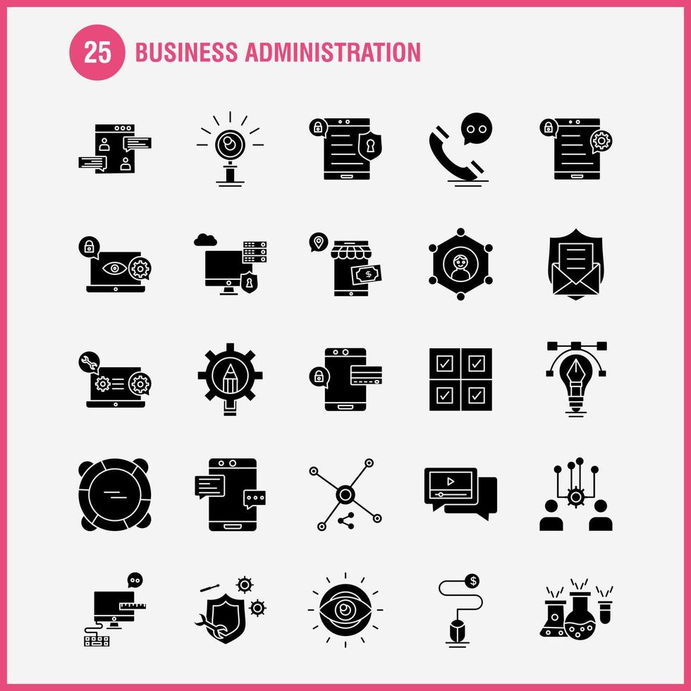 Geschäftsverwaltung solide Glyphen-Symbole für Infografiken, mobiles Uxui-Kit und Druckdesign, einschließlich Internet-Einstellung, Einstellung, Ausrüstung, Globus, T-Shirt, Sport, Eps 10, Vektor