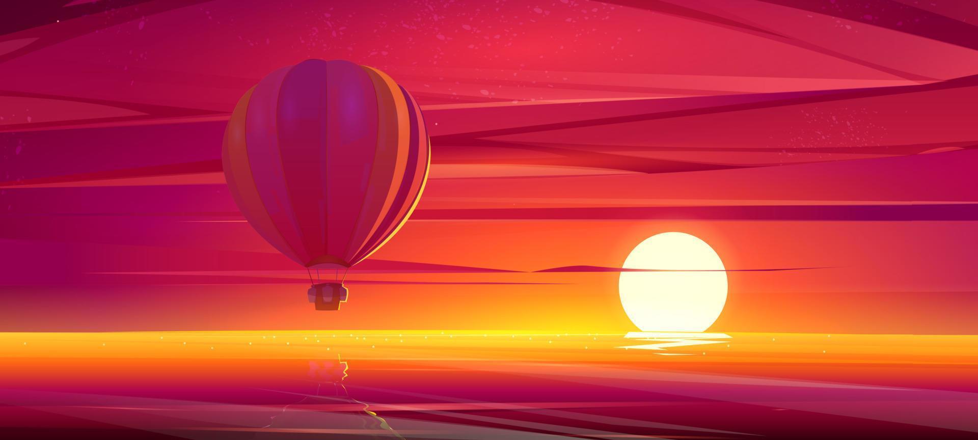hav landskap med varm luft ballong på solnedgång vektor