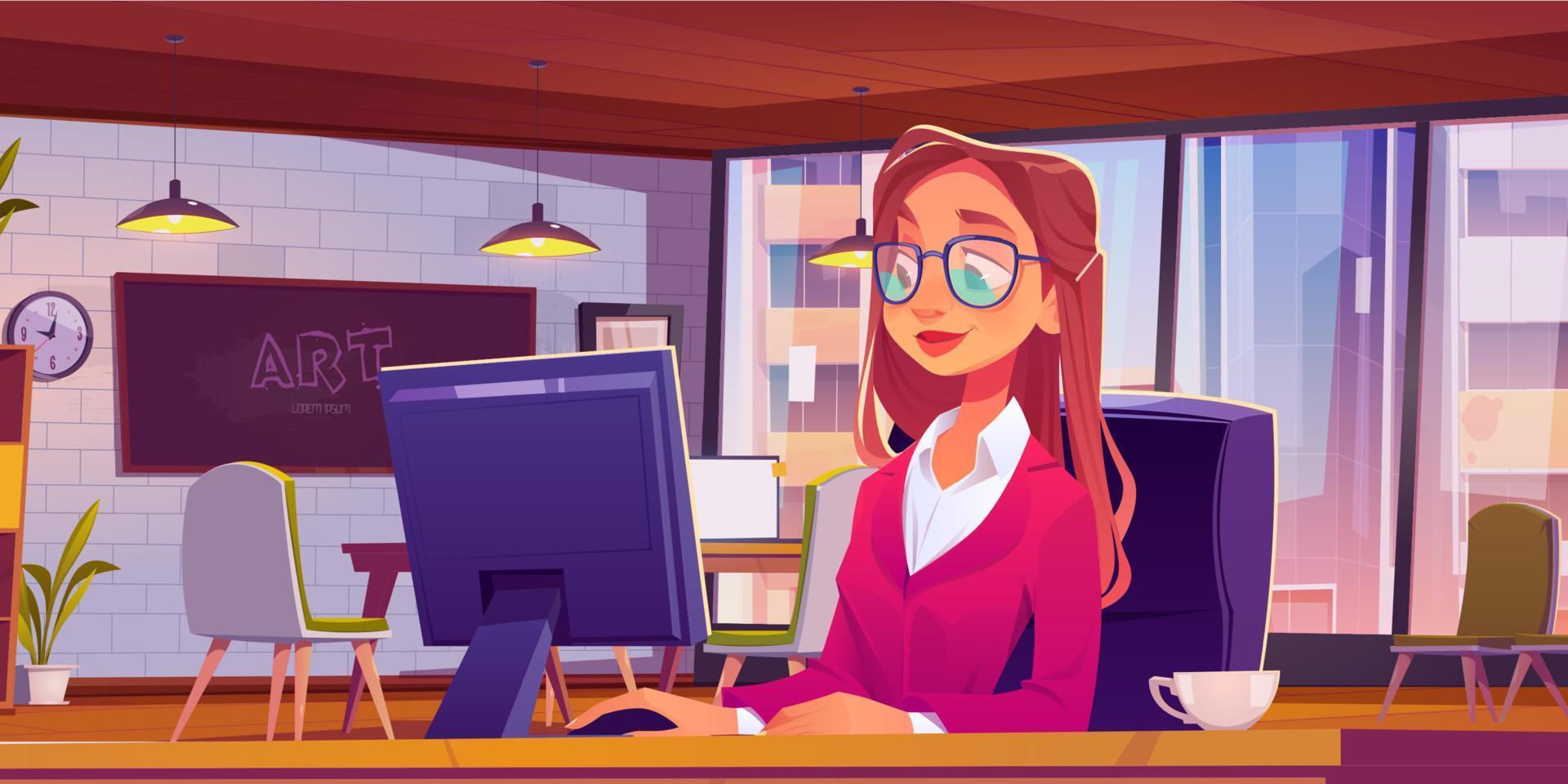 kvinna arbetssätt på loft kontor eller coworking plats vektor