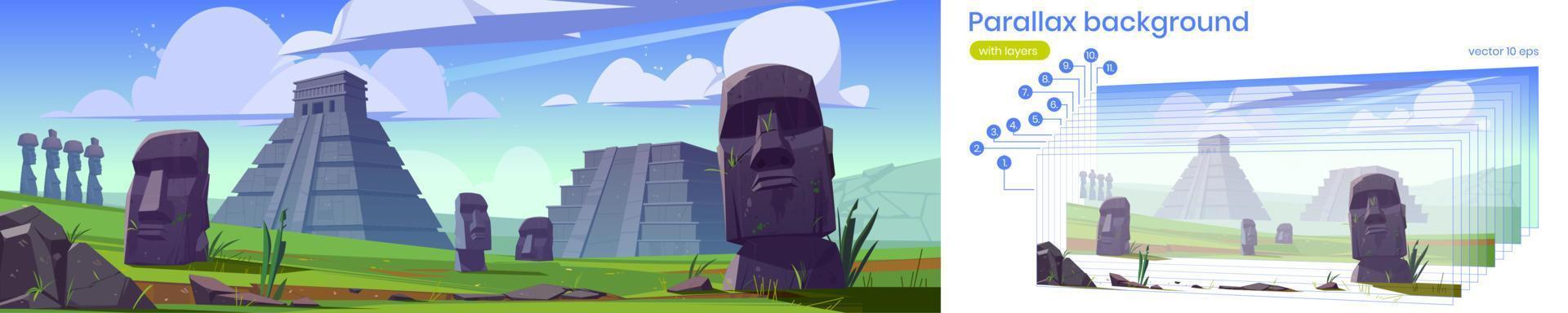 parallax bakgrund moai statyer och pyramider vektor