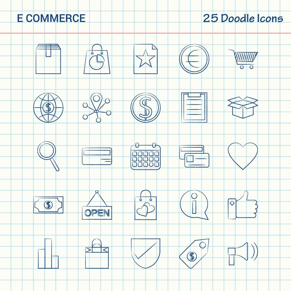 E-Commerce 25 Doodle-Symbole handgezeichnetes Business-Icon-Set vektor