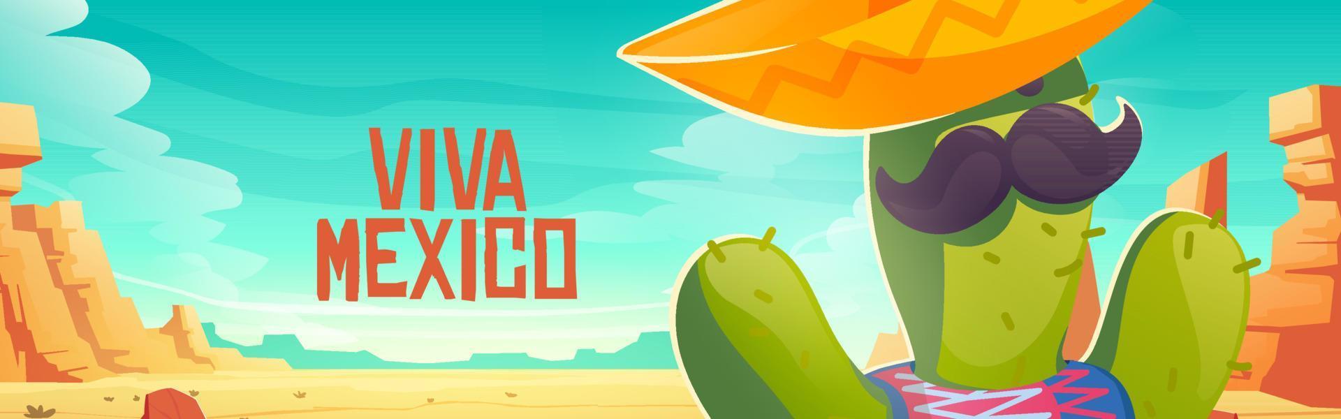 viva mexico banner mit niedlichem kaktus im sombrero vektor