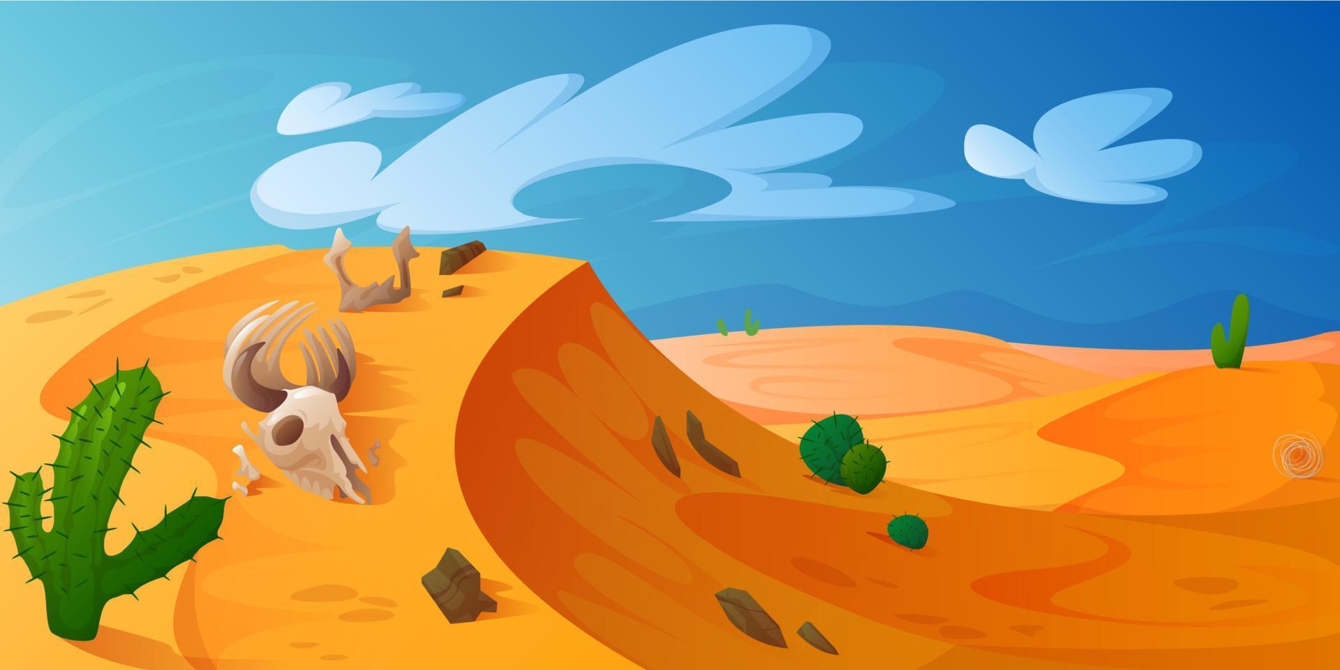 Wüstendüne mit goldenem Sand, Tierschädel, Kakteen vektor