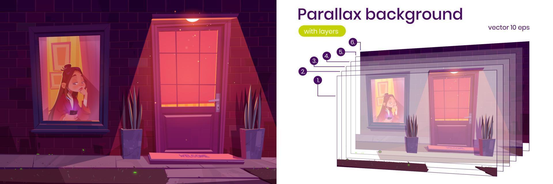 parallax bakgrund med olycklig flicka förbi fönster vektor