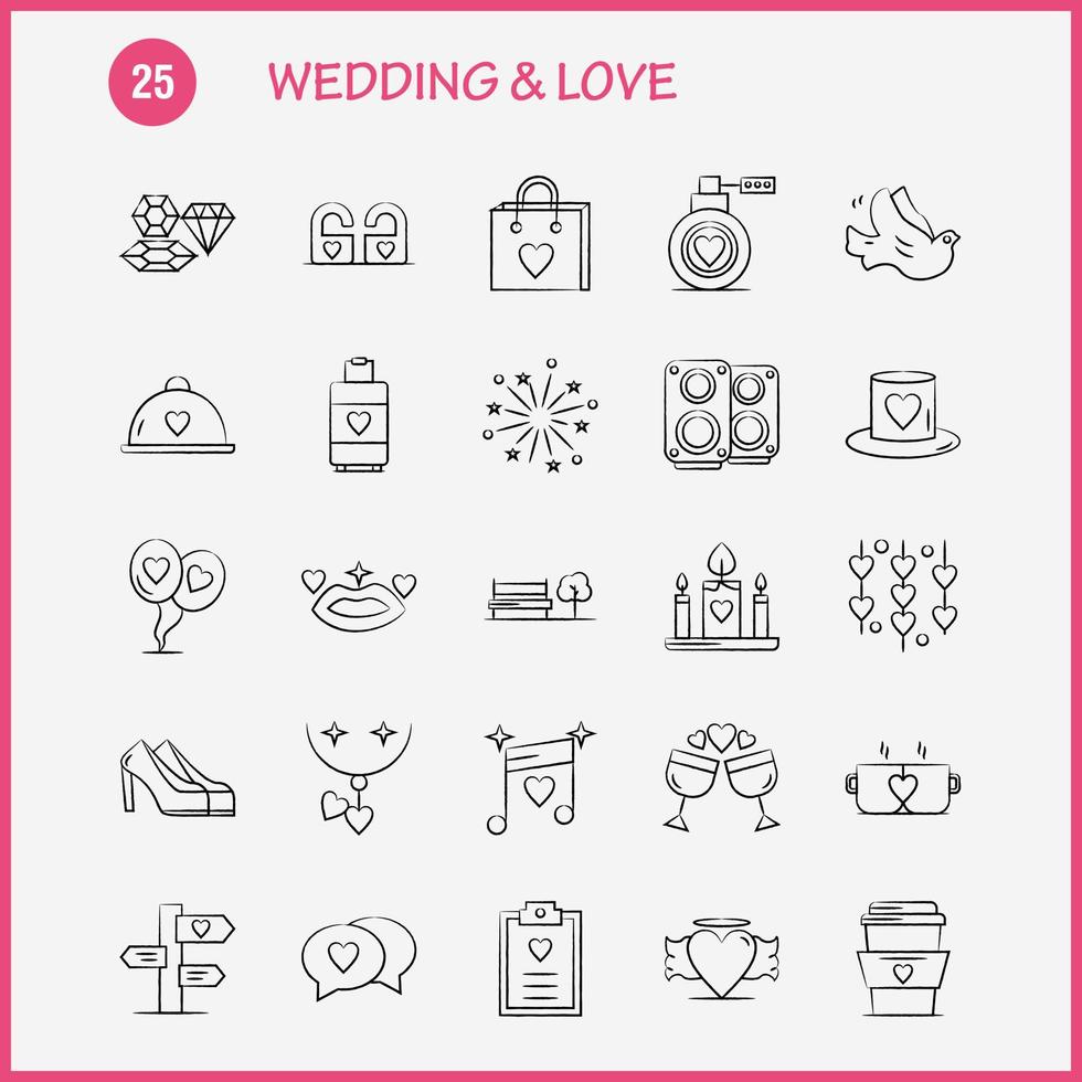 handgezeichnete symbole für hochzeit und liebe, die für infografiken, mobiles uxui-kit und druckdesign festgelegt wurden, umfassen zwischenablage, herz, liebe, text, feuerwerk, feuer, liebe, hochzeit, symbol, satz, vektor